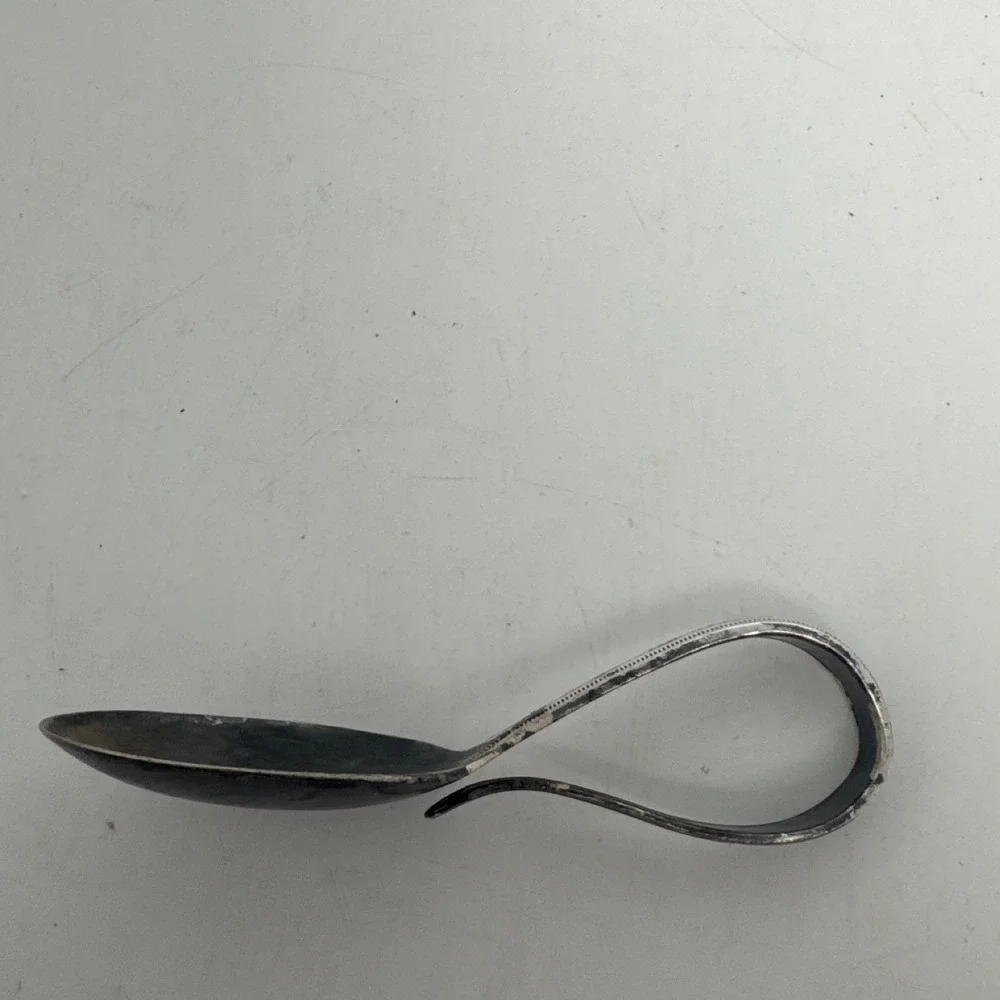 Vintage Antique Silver Plate Loop Handle Baby Spoon Ornate Engraved Fair 3.5in